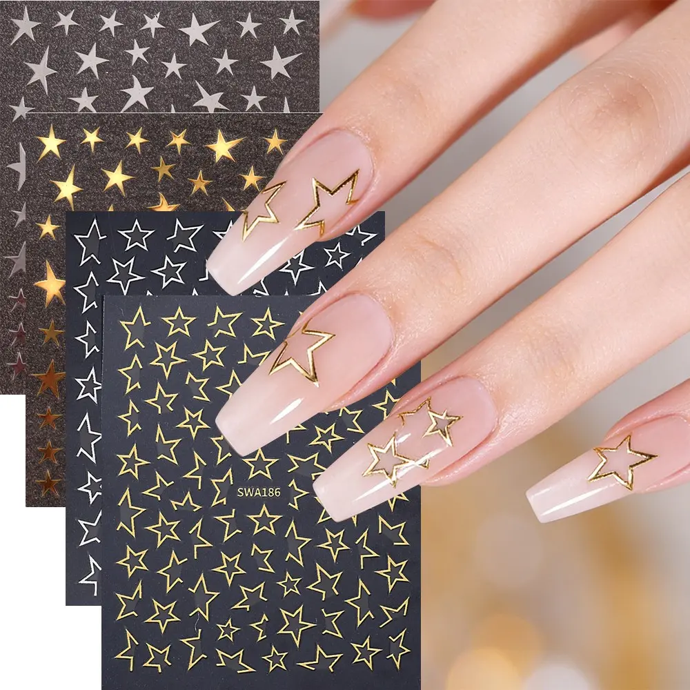 4 Sheets Gold & Silver Star Nail Art Stickers, Irregular Star Line Design Nail Decals, DIY Manicure Decorations, 3D Nail Decals for Beauty