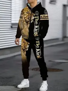 Plus-size Men's Casual Animal Lion 3D Digital Print Hoodie & Long-sleeved Tracksuit Set Men's Sportswear WP351686 Polyester Fiber Micro-Elastic Hooded Suit joggers  weatsuit Velvet swift  goods  clothing  brand