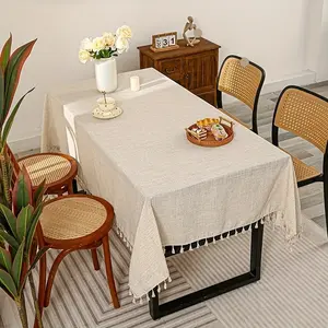 Tablecloth with Fringe, Polyester Fiber, Rectangular Shape, Machine Made, Solid Color, Perfect for Festive Occasions