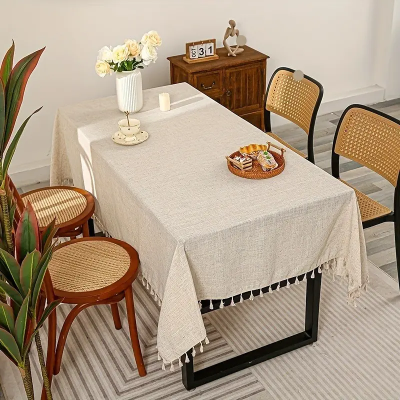 Tablecloth with Fringe, Polyester Fiber, Rectangular Shape, Machine Made, Solid Color, Perfect for Festive Occasions