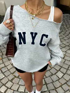 Women's Casual Chic Loose-Fit Letter Print Thick Long Sleeve Sweatshirt, Comfortable Home Wear, Shoulder Cut Out Design, All Season Fashion Top