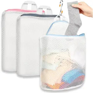 3 count Hanging Laundry Bags for Socks with S Hooks, 3 Color Mesh Laundry Bags for Washing Machine