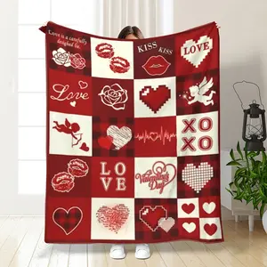 Valentine's Day Flannel Throw Blanket, Red Heart & Lip Print Soft Warm Cozy Plush Blanket, Durable for Couch Bed Office, Romantic Gift & Home Decor