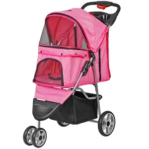 Foldable Pet Stroller for Cats and Dogs 3 Wheels Carrier Strolling Cart with Weather Cover, Storage Basket + Cup Holder (Pink)