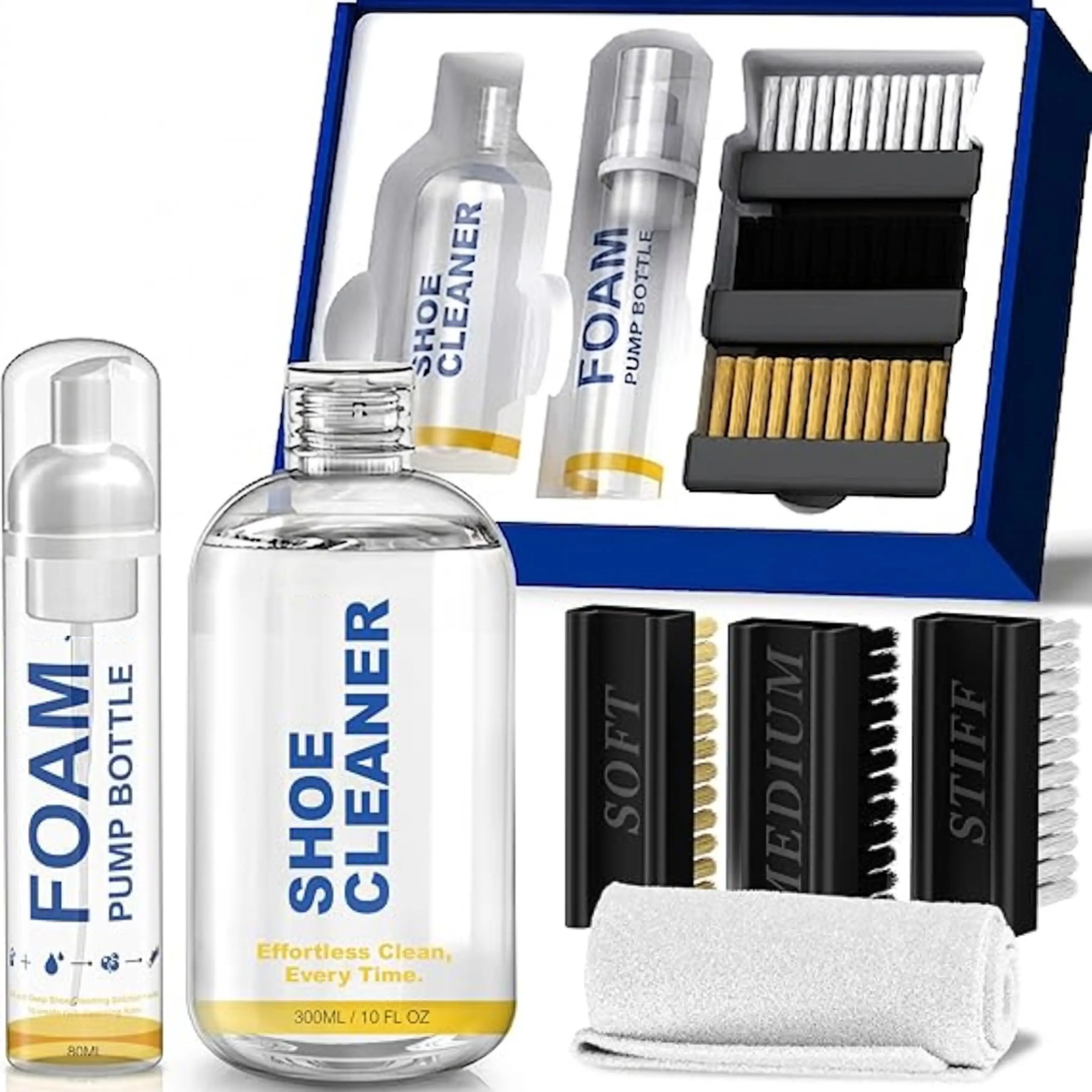 Shoe Cleaner Kit for Sneakers – 10.6oz Premium Shoe Cleaning Set with 3 Brushes & Microfiber Towel, Sneaker Cleaner for White Shoes, Boots, Leather, Suede, Canvas, Mesh, PU & Fabric
