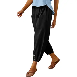 Women's Cotton Linen Harem Pants, Elastic Waist Drawstring Cropped Trousers with Pockets, Button Detail Loose Fit Joggers for Summer, Vacation, Daily Wear