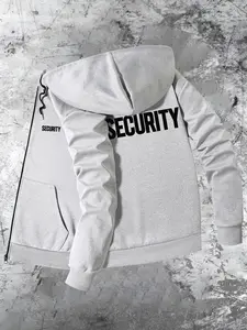 Men's Security Shield Print Zip Up Hooded Jacket, Regular Fit Casual Long Sleeve Outerwear for Spring & Fall, Fashion Men's Clothes for Daily Wear, Sweatshirts