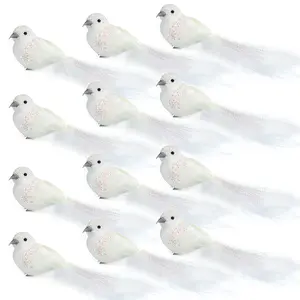 SUNNYGLADE 12Pack Artificial Birds Ornaments Handmade Christmas Artificial Dove Birds with Sequins Clip on Christmas Tree for Christmas Tree Wreaths Garland Decorations