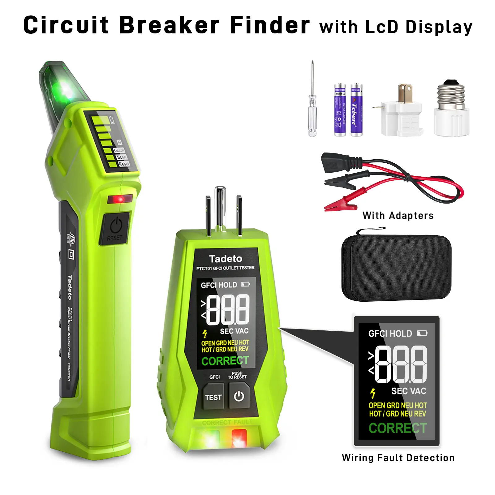 Tadeto 5-in-1 Circuit Breaker Finder Tool with 90-135V/110VGFCI Voltage & Outlet Tester, Dual LCD Display, ABS Shell,Adapter Kit, Signal Lock, Wall Tracing, Light Socket, 3-2Prong Grounding Clip, Cells, 2m Drop Test, 300% EnhancedSlip Resistance