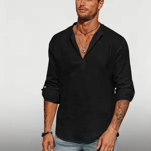 Men's Black Fitted Long Sleeve Henley Shirt - Casual & Stylish V-Neck Top for Spring Summer Autumn Wear