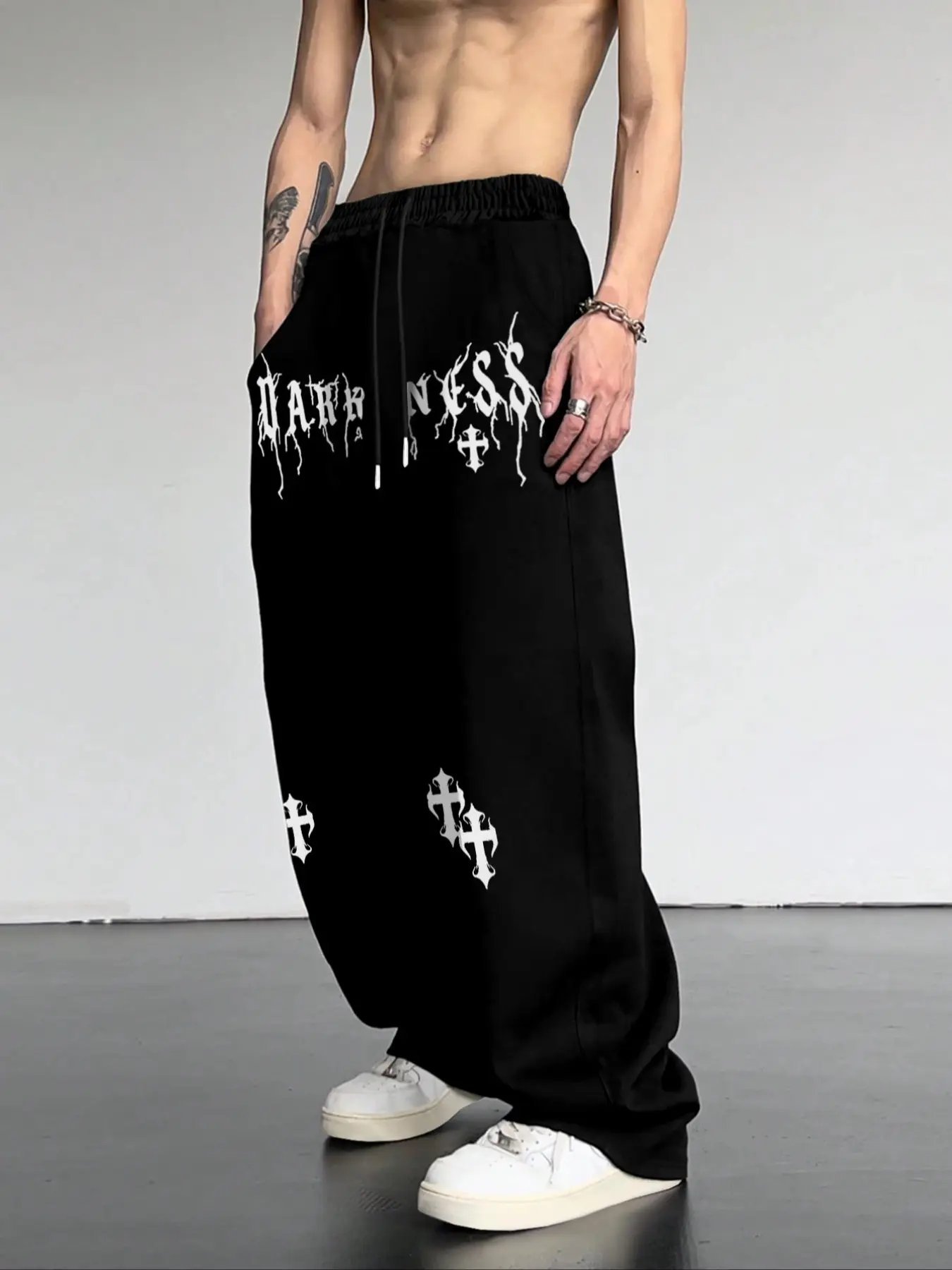 Men's Wide Leg Pants Gothic Streetwear, Graphic Print Cross Detail, Comfortable Loose Fit, Casual Fashion Trousers, Casual Daily Wear, All Seasons