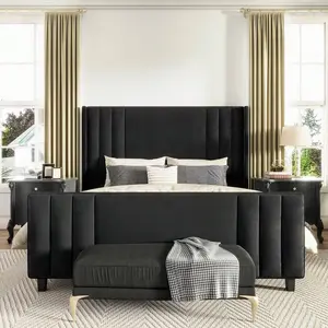 Bed Frame, Velvet Upholstered Platform Bed With Vertical Channel Tufted Headboard & Footboard/Wingback, Mattress Foundation With Wood Slats, No Box Spring Needed