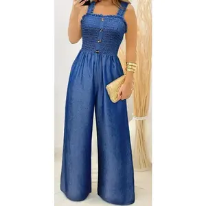 Fashionable pleated jumpsuit - sleeveless, shirt, wide leg, solid color, button decoration, casual, must-have for spring and summer - suitable for women's fashion clothing in warm weather