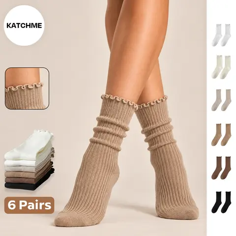 KatchMe Women's Solid Color Lettuce Trim 6-Pack Mid-Calf Socks, Soft Breathable Ribbed Cotton Stretch Socks, Versatile Mid Tube Socks, Thin Smooth Hosiery