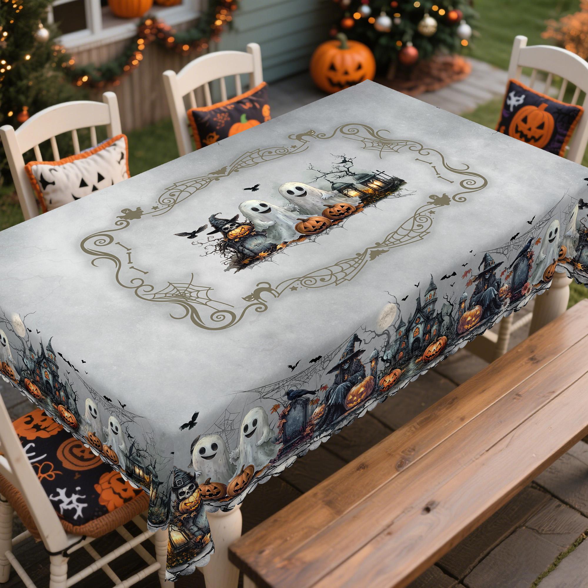 BOOPBEEP Halloween Printed Tablecloth - Vintage Farmhouse Style, Pumpkin & Black Cat Patterns, Rectangular/Round Dining/Kitchen Cover, Nostalgic Halloween Decor, Brunches Indoors Use, Holiday Gift, Pumpkin Ghost Pattern Kitchen Linen Sets, Decoration, Ind