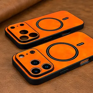 Phone Case: Luxury Orange Retro Faux Sheepskin Phone Case Compatible with iPhone 17 Pro Max Air 16 15 14 13 12 11 Pro Max Plus 16e 17Promax Cases Magnetic Wireless Charging Business Soft Bumper Shockproof Cover