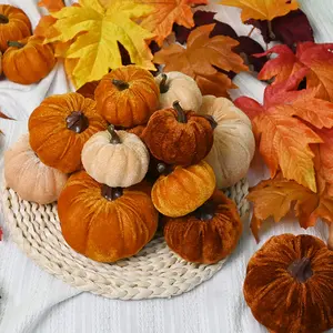 Set of 12 artificial velvet faux pumpkins, mixed sizes (3 types), realistic textures for Halloween and Thanksgiving home decor, harvest tabletop centerpiece, suitable for autumn party decoration, Halloween decorations