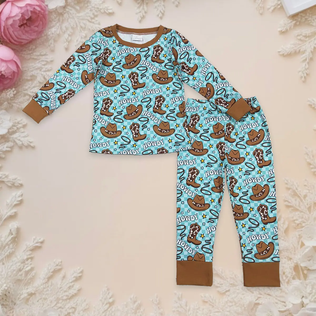 Boys' 2-Piece Western Pajama Set - Soft Cotton Long-Sleeve Plaid Top with Howdy Hats Print, Elastic Fitted Cut Pants, Year-Round Kids' Sleepwear, Two-Pieces