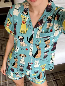 Women's 2-Piece Pajama Set, Casual Fitted Sleepwear Loungewear, Animal Pattern Print, Short Sleeve Open Front Top & Shorts, All-Season Wearable Home