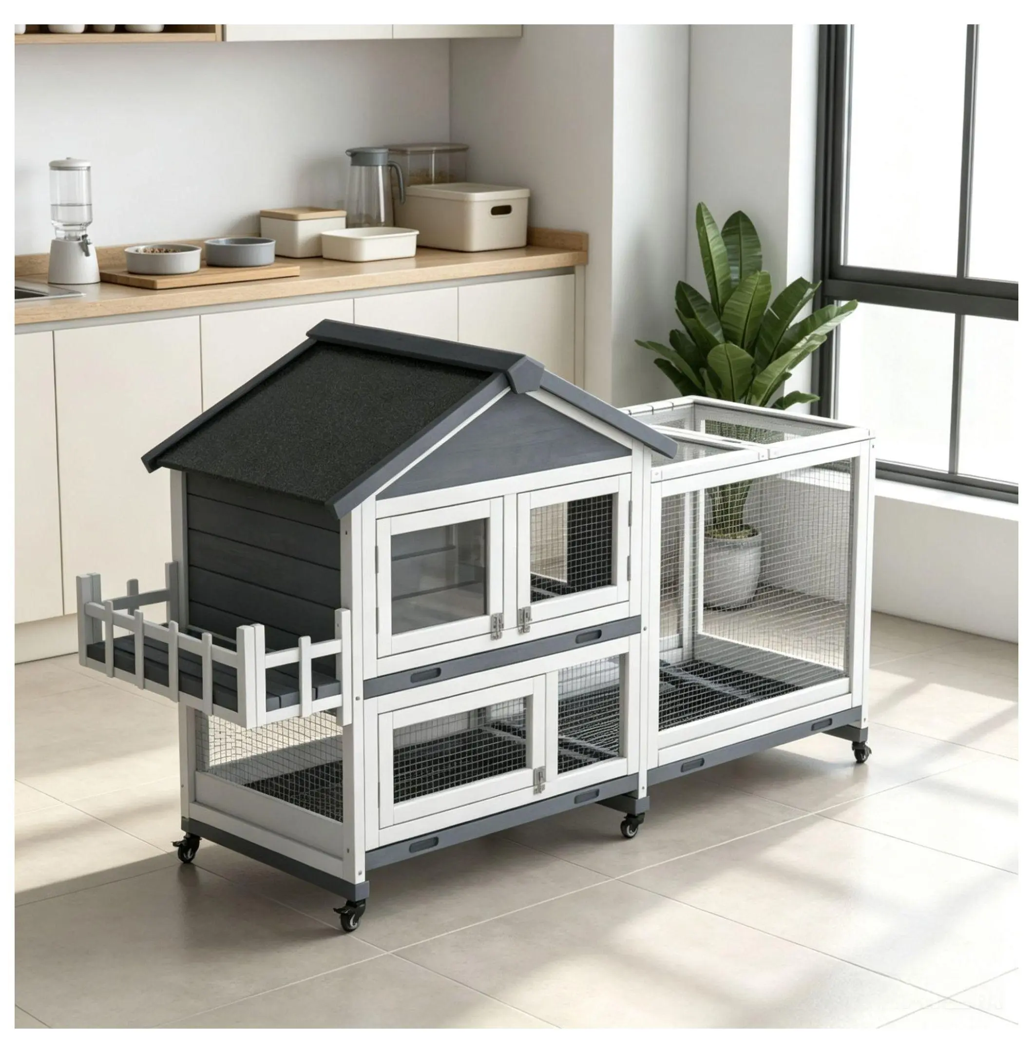 65" Wooden Rabbit Hutch with Wood Frame, Run, Open Roof, Storage Space - Single Unit Indoor/Outdoor Pet Playpen for Rabbits & Small Animals