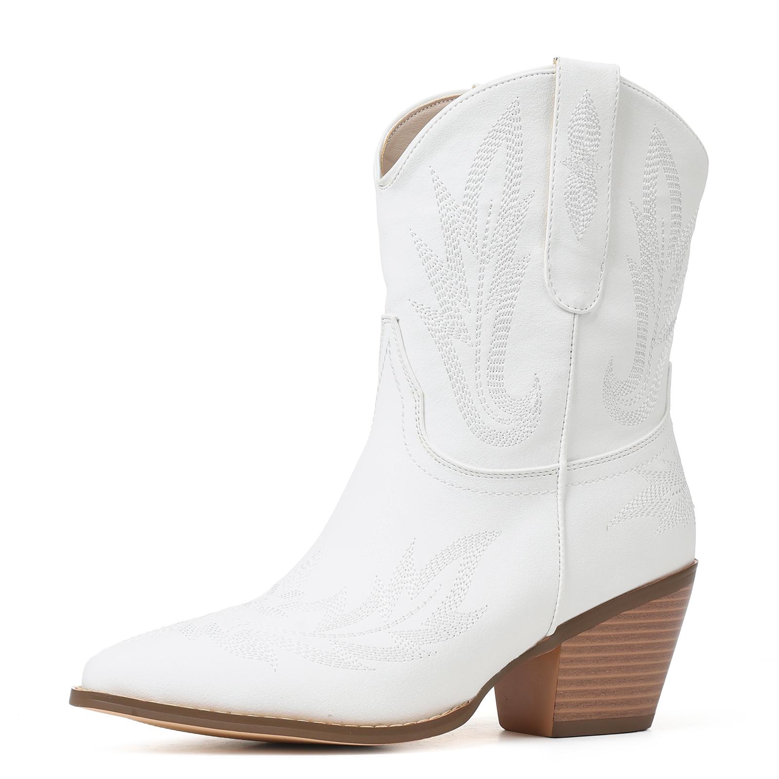 CELNEPHO Women Cowboy Boots Pointed Toe Block Heel Ankle Booties Western Embroidered Design Easy Pull on Tabs Cowgirl Boot Gift Horse Ridding Country Wedding Dress Shoes