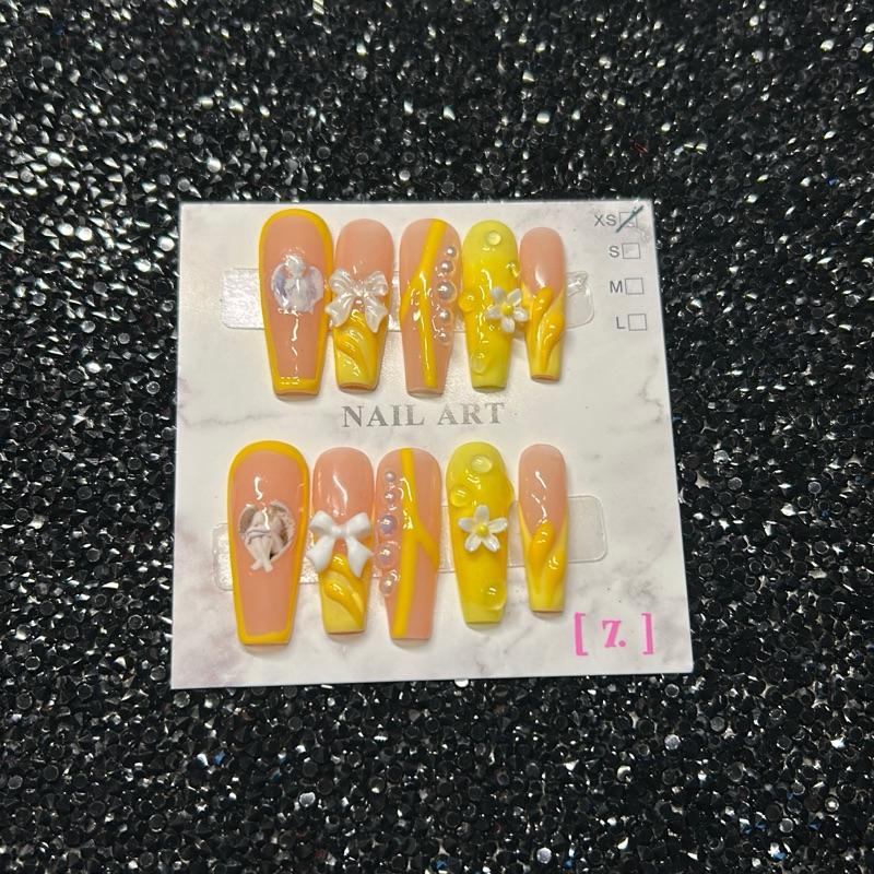 Yellow and Nude Press On Nail Art - Long Coffin Shape, Includes Application Kit, Size XS, Available in Various Designs