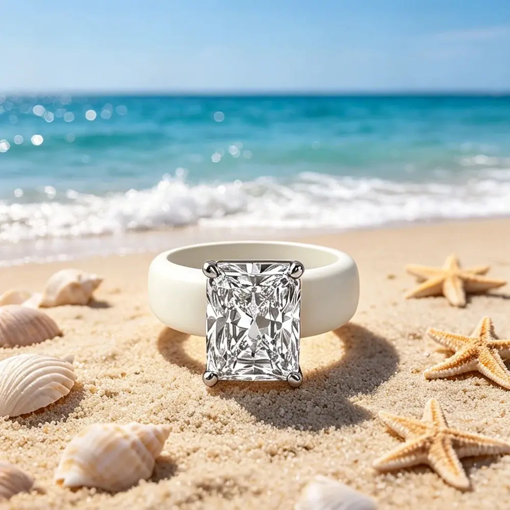 Women's Fashionable CZ-Inlaid Milky White Silicone Ring - Flexible Wide Rubber Ring for Beach Sports, Casual Daily Jewelry
