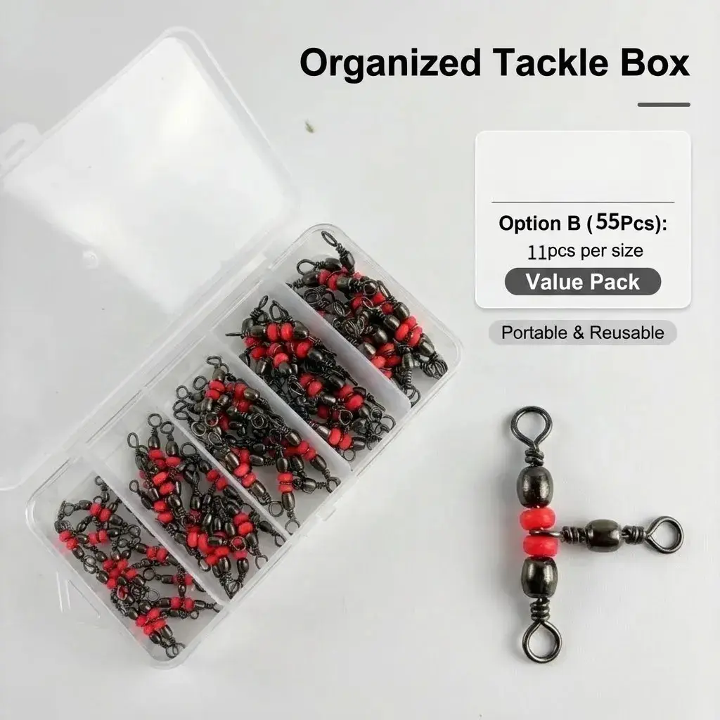55pcs Anti-Tangle Triple Swivel Fishing Connectors with Brass Barrel - Cross-Line Gear for Anglers, Outdoor Fishing Supplies, Angling Supplies, Black & Red Bead, Stainless Steel Hook, Fishing Snap, Suitable for Fishing Lines and Fishing Rigs
