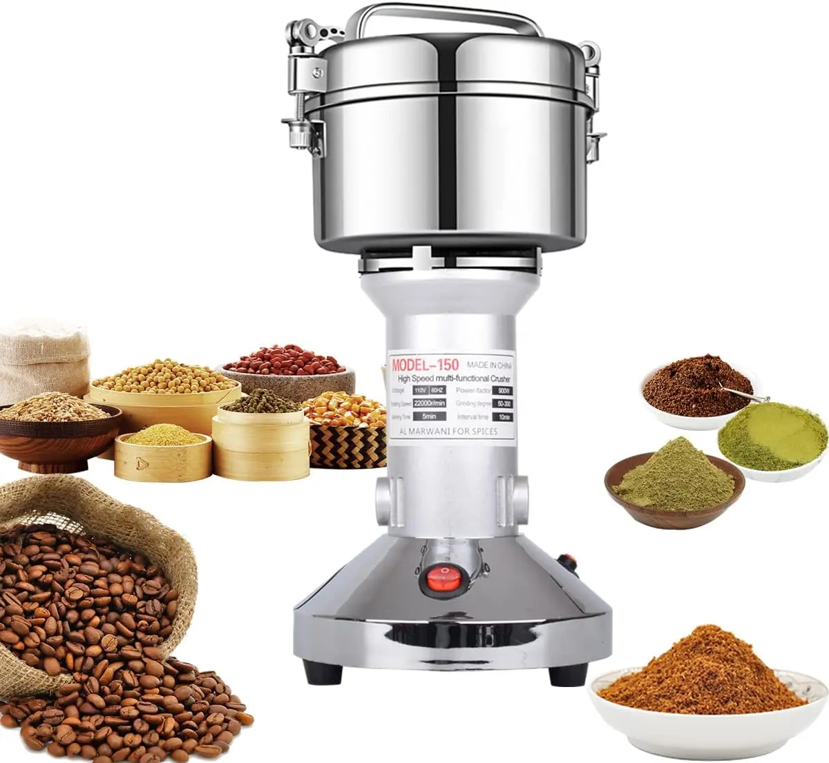 Corded Compact Electric Stainless Steel Grain Mill - 150g High-Speed Dry Powder Grind Machine for Home Users, Seeds, Flour, Nuts, Pills, Wheat, Corn, Herbs, Spices & Seasonings