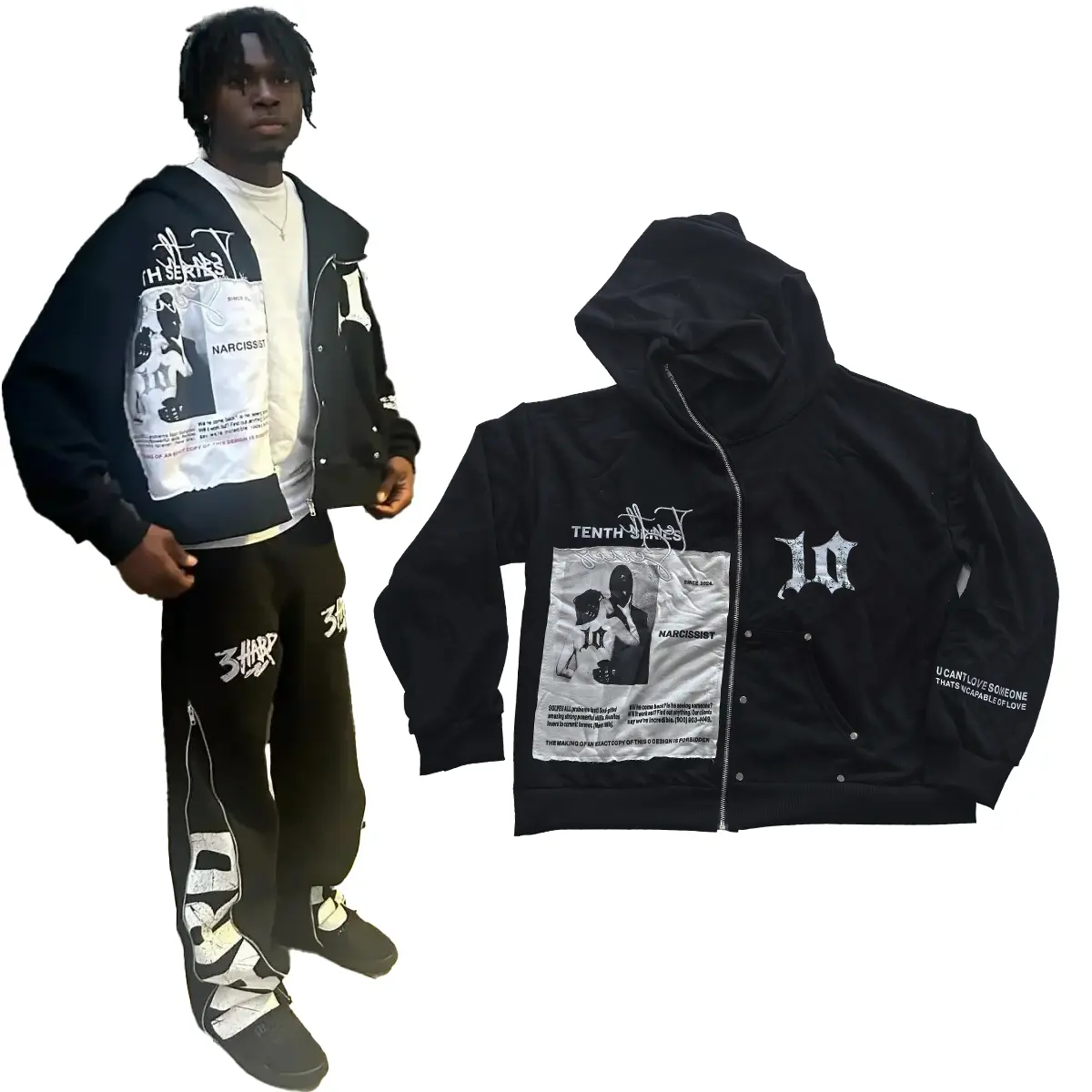 Retro full zip hooded jacket for men and women, all seasonzip-up jacket with full zip closure, black and white streetstyle with white piping, urban fashion jacket for men andwomen, graphic design, long sleeves, regular fit