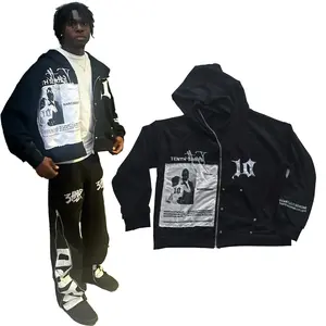 Retro full zip hooded jacket for men and women, all seasonzip-up jacket with full zip closure, black and white streetstyle with white piping, urban fashion jacket for men andwomen, graphic design, long sleeves, regular fit