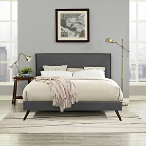 Camille Fabric Queen Platform Bed with Round Splayed Legs in Gray