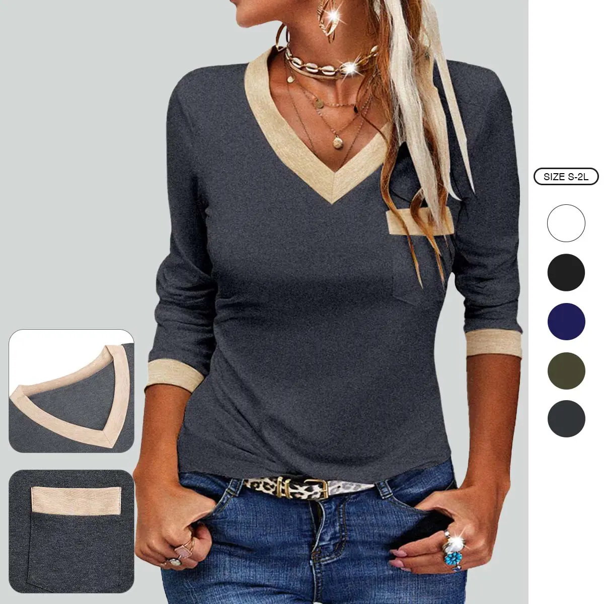 Imily Bela Womens V Neck Long Sleeve Tops Color Block Basic Casual Tunic Shirts with Pockets