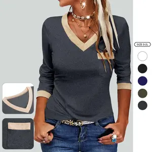 Imily Bela Womens V Neck Long Sleeve Tops Color Block Basic Casual Tunic Shirts with Pockets