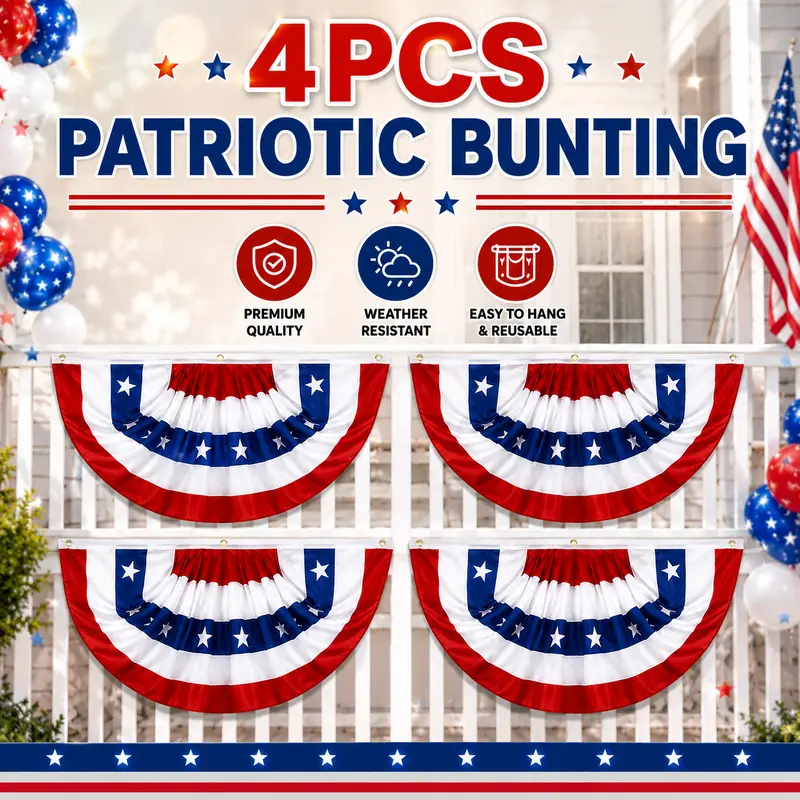 Janhooya 4-Piece Patriotic Fan Bunting Banners - Bold 1.5x3 ft Flags, Fade-Resistant Polyester, 3-Grommet Hold, Party Decoration for 4th of July, Labor Day, BBQs, Outdoor Porch Fence Decor