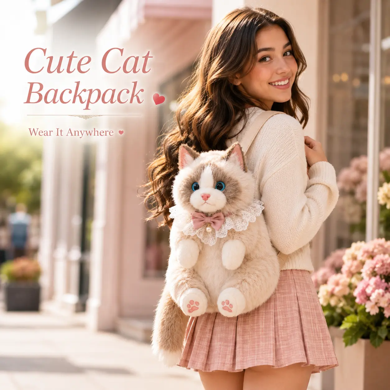 Cute Music Paw-Button Plush Cat Backpack, Soft and Adorable Cat Shoulder Bag, Large-Capacity Plush Animal Backpack—the perfect gift for girls, teens, and cat lovers. It also makes a great gift for birthdays, Valentine’s Day, Halloween