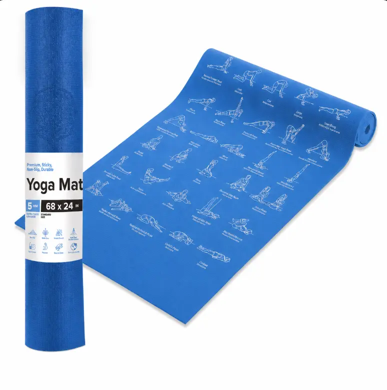Yoga Mat for Women and Men - Large, 5mm Thick, 68 Inch Long, Non Slip Exercise Mats w/ 70 Printed Yoga Poses for Pilates, Workout and Stretching - Home and Gym Essentials
