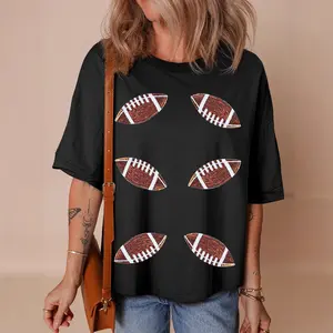 Women's Sequin Football Rugby Patch T-Shirt Game Day Sparkle Oversized Short Sleeve Crewneck Pullover Tops