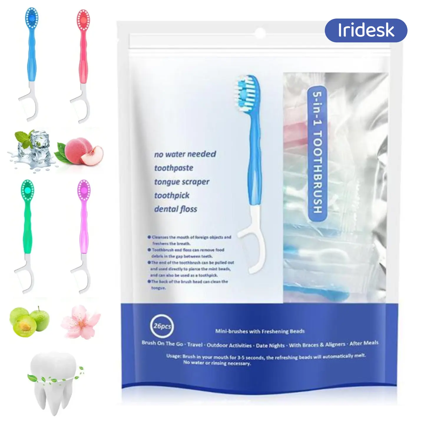 5-in-1 Disposable Travel Oral Care Toothbrush Kit – Built-in Sugar-Free Mint Toothpaste with Tongue Scraper, Dental Floss & Toothpick – Individually Wrapped for Airplane Travel & Daily Home Care