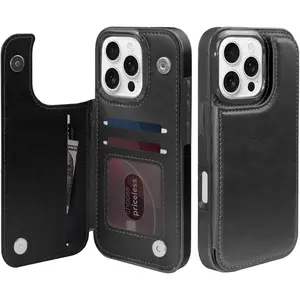 Flip Leather Wallet Phone Case Card Holder Shockproof Compatible with iPhone 17 16 15 14 Plus 13 12 Pro Max Cases Women and Men with Card, Holder Kickstand Double Magnetic Clasp, Military Grade Drop Protection Phone Cases, for iPhone 17 Pro Max