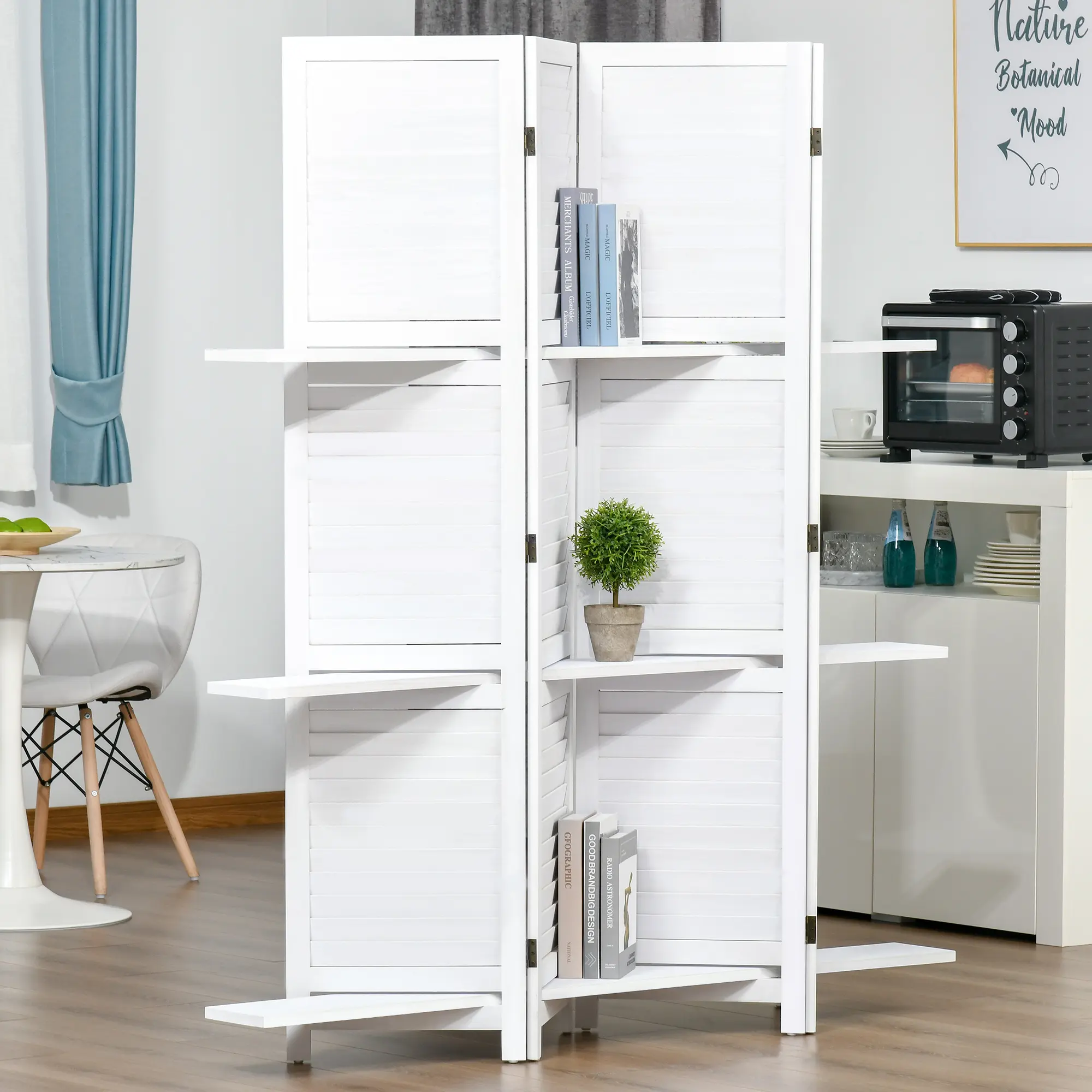 White 4-Panel 67" Tall Wood Privacy Screen Room Divider - Freestanding Partition with 3 Shelves, Folding Storage for Bedroom, Living Room, Plant Display