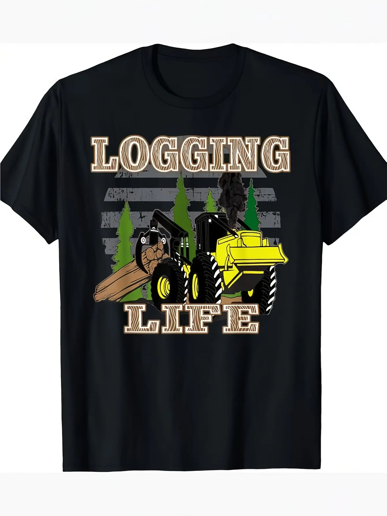 Men's and women's retro wood transportation life pattern T-shirt-heavyweight 180g cotton T-shirt with worn letters, wood truck and wood design-soft and breathable lightweight shirt, suitable for wood transportation, truc