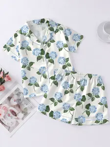 Women’s Hydrangea Bloom Blue Hydrangea Watercolor Flower Short Sleeve Satin Pajama Set, Long Sleeve Satin Pajama Set