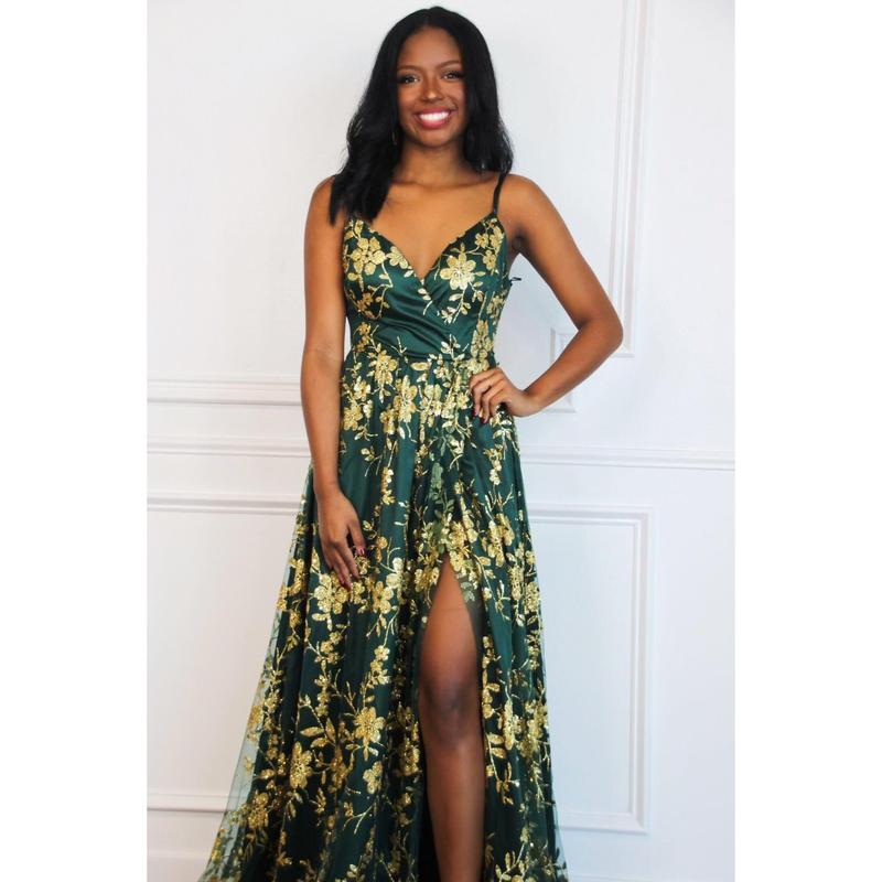 Holiday Affair Sparkly Open Back Maxi Dress: Emerald