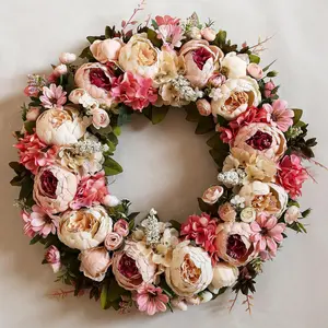 Peony Flower Wreath Artificial Floral Decorations, Perfect for Front Door Walls Home Festivals Weddings Parties New House Owners Seasonal Gifts