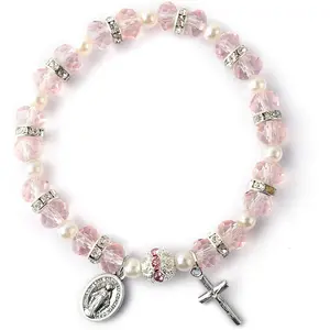 Women's Beaded Stretch Rosary Bracelet with Crucifix and Miraculous Medal