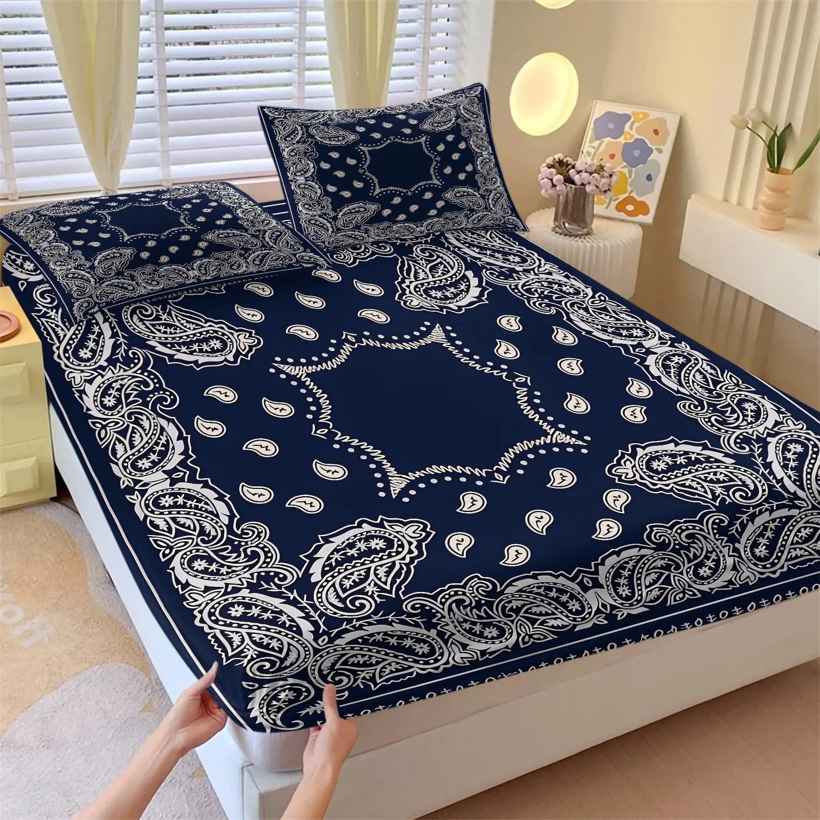 Navy Blue Bandana Paisley Fitted Sheet Set, 1 Fitted Sheet + 2 Pillowcases, Classic Western Bandana Print Bedding, Soft Breathable Microfiber Bed Linen, All Season Boho Bedroom Decor, Bed Sheets