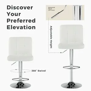 Set of 2 White Swivel Bar Stools, Adjustable PU Leather with Back & Footrest