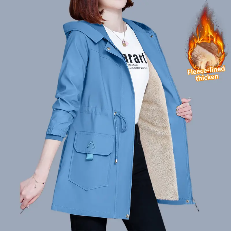 Women’s mid-length hooded coat with fleece lining, thickened for warmth; urban style, available in multiple colors; hood design; warm and versatile; suitable for casual commuting; portable mid-length coat.