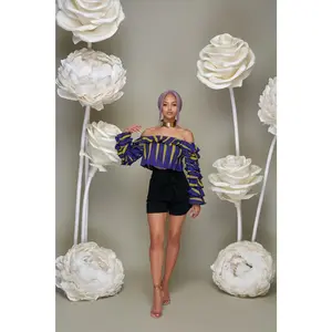 Teni Off Shoulder Ankara Print Crop top with ruffled sleeves- Purple/Yellow